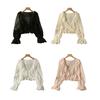 Chiffon Cardigan V-tie Lace-Up Lightweight Shirt Solid Color Ruffle Trim Summer Thin