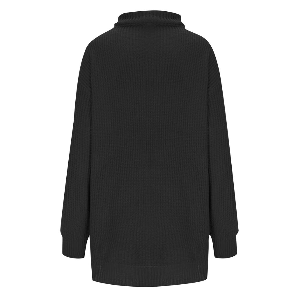 Women's Solid Color High Neck Long Sleeved Knitted Sweater Top Loose Sweater
