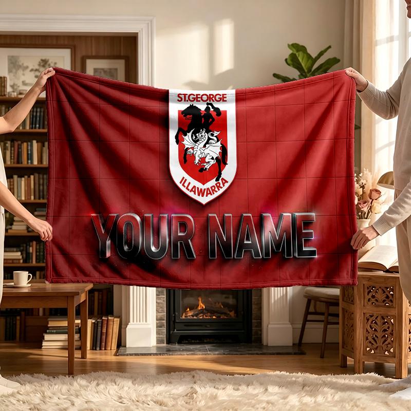 St George Illawarra Dragons (1) Personalized Name Blanket Soft Cozy Gift for Sofa Bed Couch Home Decoration