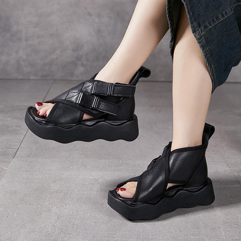 Retro Thick-soled Genuine Leather Women's Sandals Sponge Soled Shoes Roman Sandals