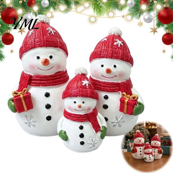 Seasonal Home Decor Christmas Resin Snowman Figurine, Cute Family of 3 Statue with Santa Unique Presents Hat, Red Scarf, Holiday Tabletop Ornament for