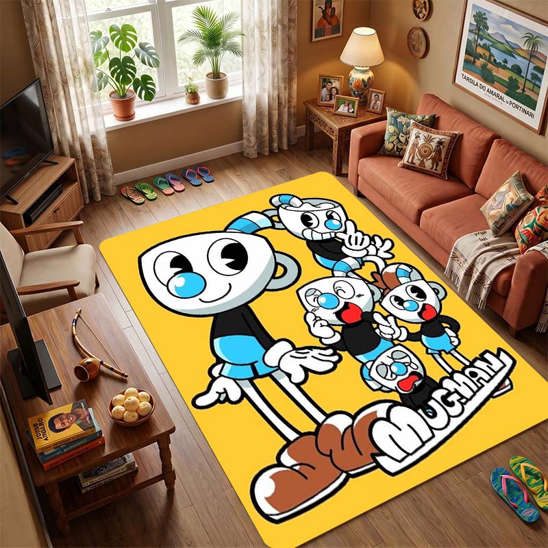 The Art of Cuphead Area Rug, Non-Slip Floor Mat with Retro Cartoon Print, Durable Carpet for Living Room, Bedroom, Kids Playroom, Great Gift for Fans