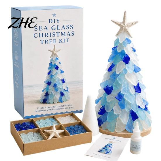 Beach Theme Home Decorations DIY Sea Glass Christmas Tree Art Kit, 3D Coastal Xmas Craft Kit Shards with Pieces, Handmade Beach-Themed Holiday