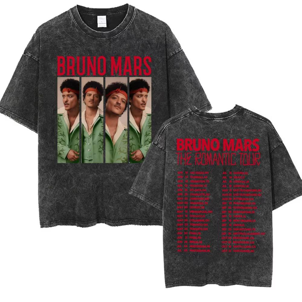 Bruno Mars The Romantic Tour 2026 Vintage Washed T Shirt Men Women Fashion Hip Hop Pop Music T-shirt Summer Casual Cotton Tshirt
