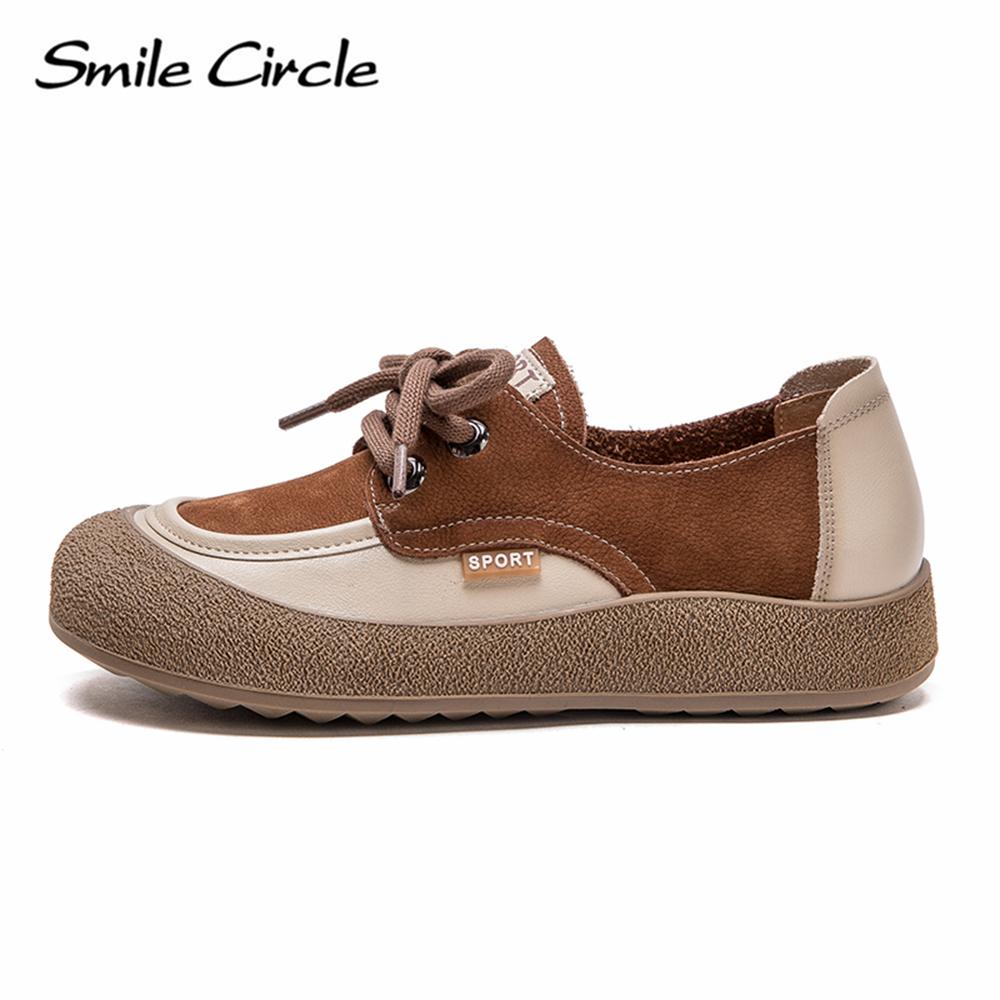 Женская повседневная обувь из натуральной кожи с круглым носком и шнуровкой на плоской подошве, модная удобная женская обувь