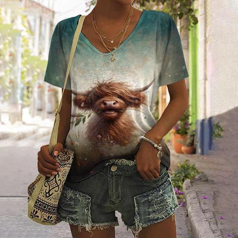 Женская футболка с изображением животных, летняя повседневная футболка с короткими рукавами, милый топ с принтом теленка, уличная мода с 3d принтом, женская одежда в стиле Харадзюку с v-образным вырезом