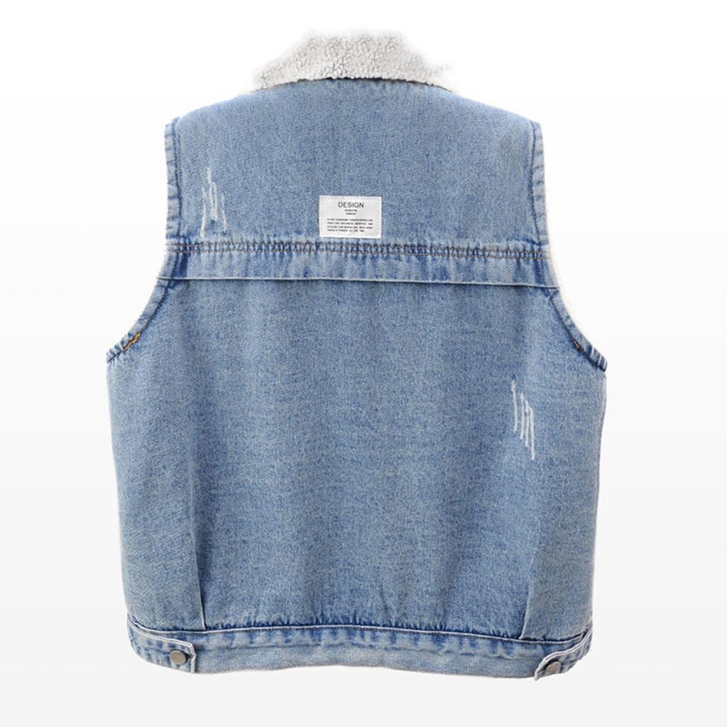 Women's Plush Vest With Sleeveless Lamb Wool And Thickened Fabric, Denim Vest