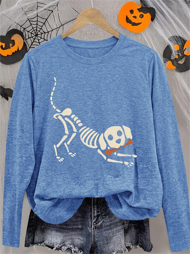 Women's Halloween Long Sleeve T-Shirt Cute Skeleton Dog Print Soft Funny Casual Top, Spooky Humor Gift, Crew Neck Tee for Daily, Sports