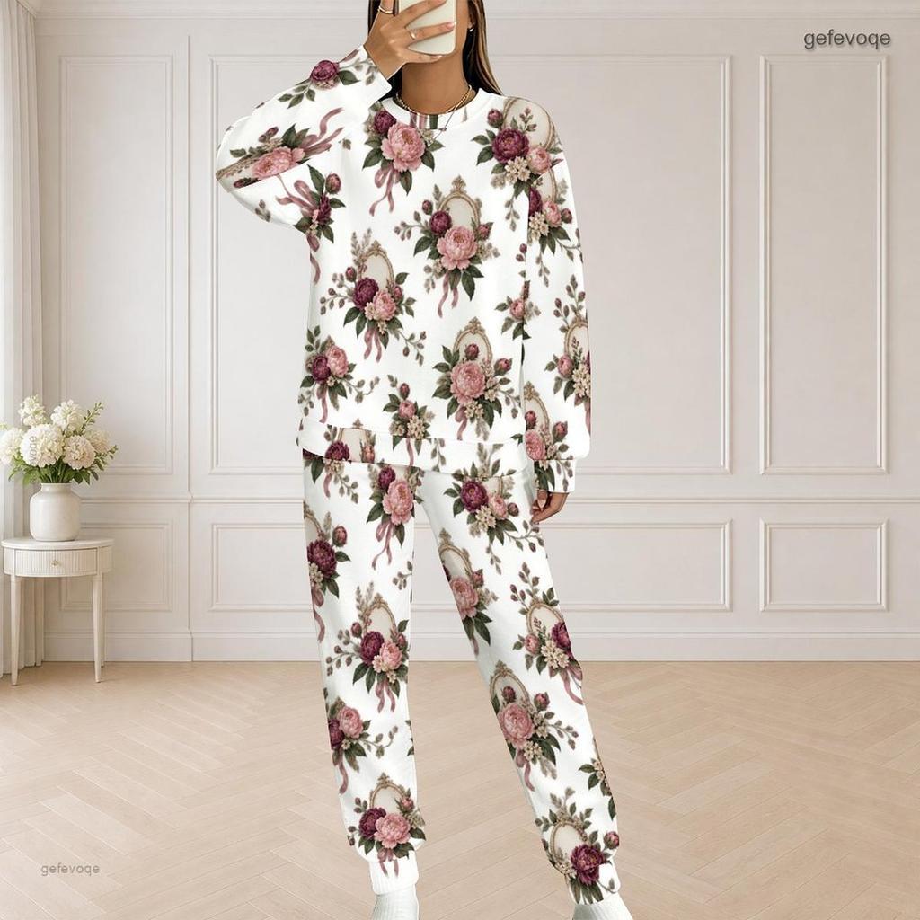 Women Plus Size White Floral Printed Two Piece Set Round Neck Long Sleeve Top And Long Pants