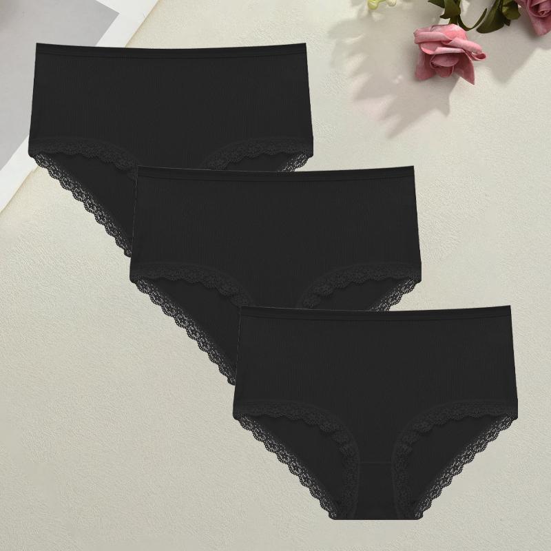 3Pcs Women Cotton Striped Underwear Sexy Lace Stretchy Panties Breathable Mid-Rise Solid Briefs Lady Comfort Plus Size Lingerie