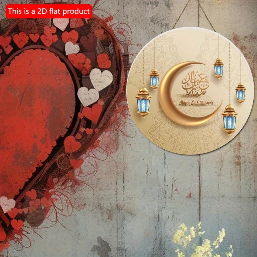 2D Flat 20*20cm1pc Happy Eid Mubarak Golden Moon and Lanterns Patterns Exquisite Round Wooden Pendant, Celebrate Ramadan Good Quality Ceiling Hanging