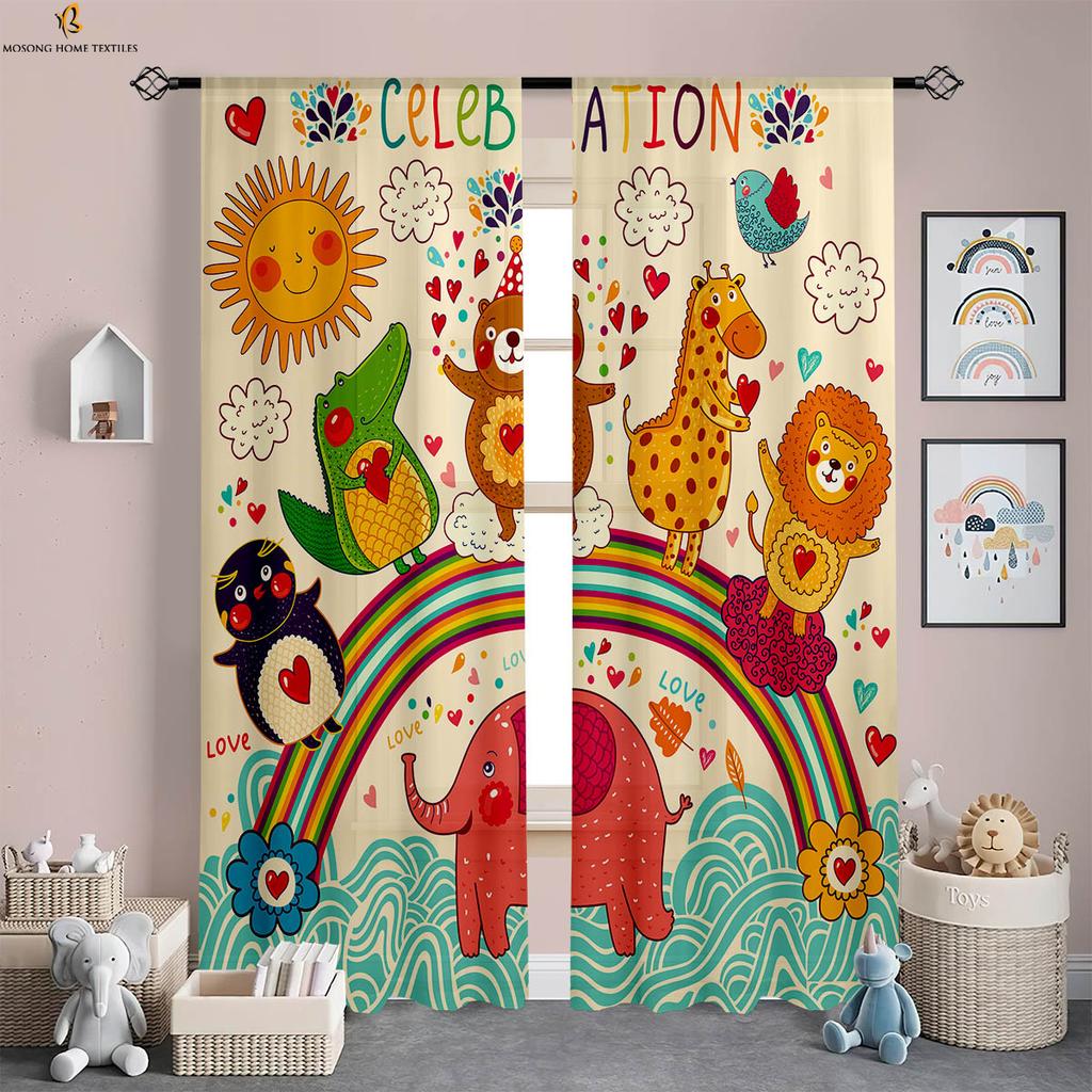 Forest Animal Cartoon Printed Curtains Polyester Fiber Curtains Children's Room Living Room Study Dormitory Decorative Curtains