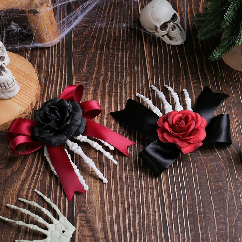 1pc Haunted Style Skeleton Hand Hair Clip Contrast Rose Bows Practical Plastic For Themed Dressing Up Event