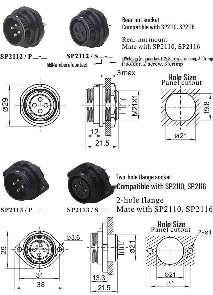SP21 12-Pin Waterproof IP67 Aviation Plug Rear Nut Solder Connector