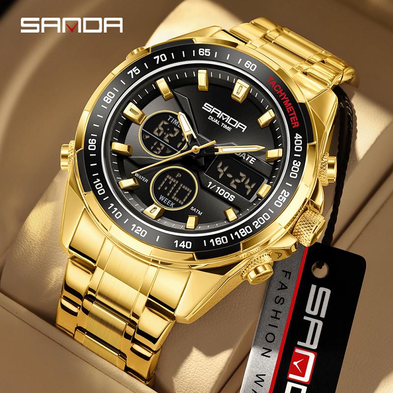 SANDA Stereoscopic Dual Display Watch Men's Steel Band Sunday Date 12/24 Hour 5ATM Waterproof Night Light Alarm Clock