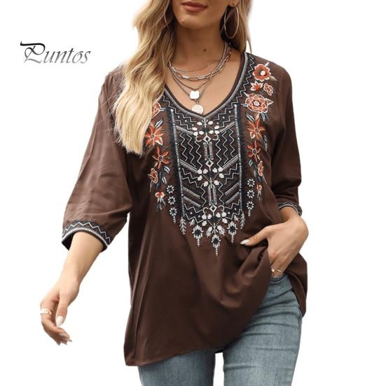 Женская блузка, традиционная мексиканская женская вышитая рубашка свободного кроя с цветочным принтом и рукавом 3/4, повседневная одежда