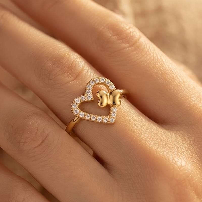 1PC Exquisite and Sweet Hollow Heart Bowknot Women's Ring-Simple three-dimensional butterfly design with micro-inlaid synthetic zirconia and thin