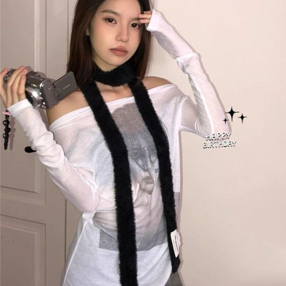 Y2K вязаный шарф однотонный длинный узкий шарф простой шерстяной платок для женщин