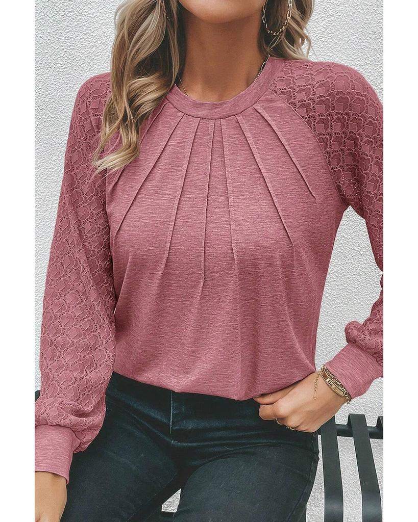 Azura Exchange Rose Pink Contrast Lace Raglan Sleeve Plicate Round Neck Top