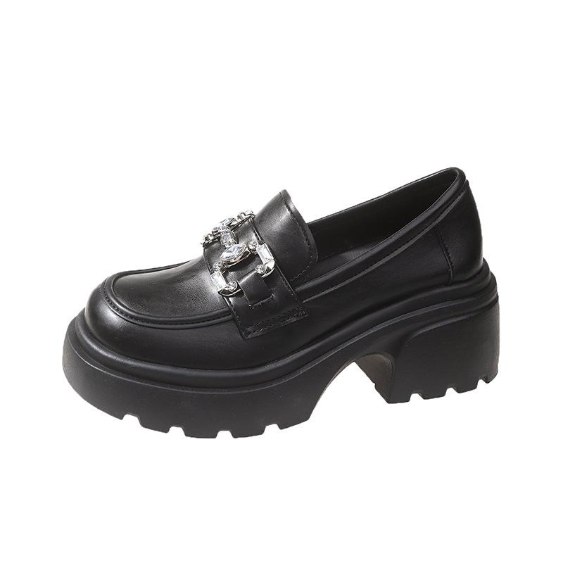 Лоферы на платформе женские весна-осень 2025 года новые универсальные французские ретро туфли на высоком каблуке со стразами черные кожаные туфли в британском стиле