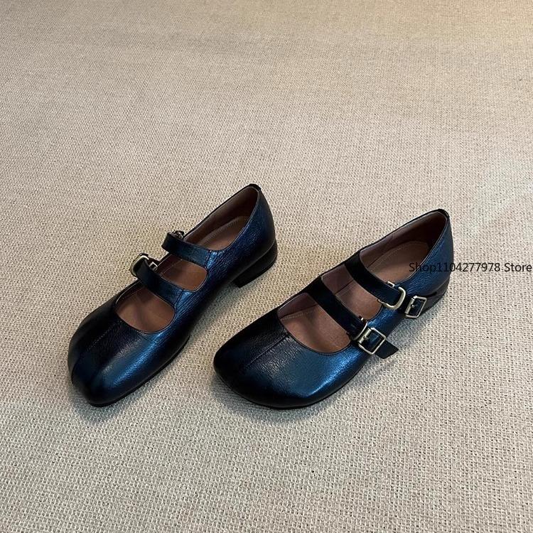 Модные туфли таби на ремешке с двойной пряжкой, женские однотонные кожаные Мэри Джейн на низком каблуке, женские лоферы-троттеры, обувь для ходьбы босиком
