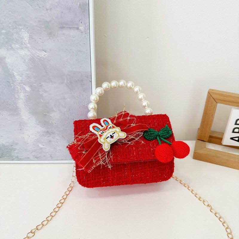 Red Delightful Cute Bowknot Childrens Handbag With Trendy Chain And Pearl Handle