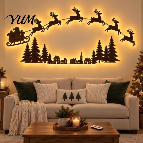 Festive Holiday Wall Ornaments 7Pcs LED Reindeer Decorations for Christmas, Wooden Glowing Deer/Santa Claus/Xmas Warm Lamps Tree/Snowflake/Socks