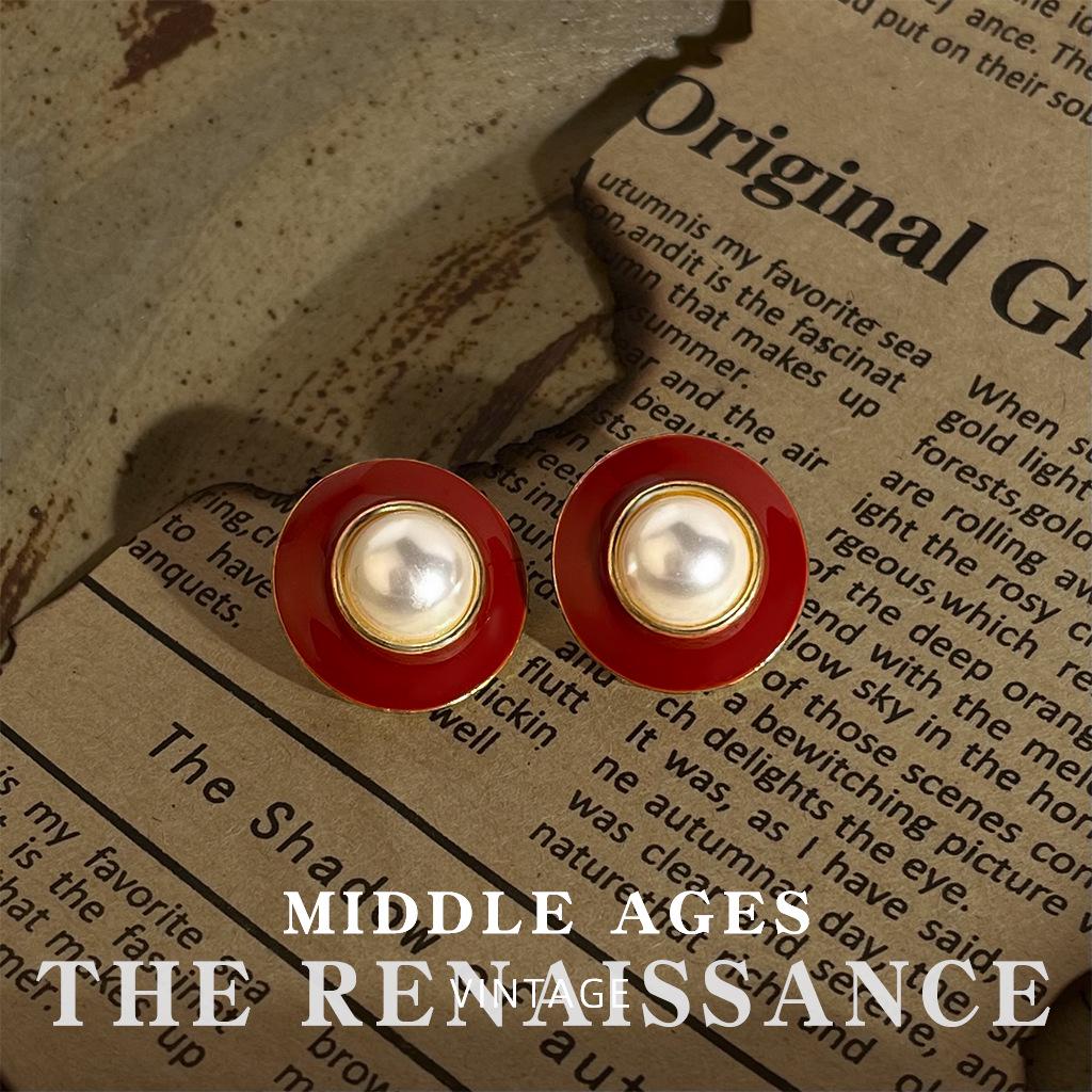 Vintage Burgundy Red Enamel Drop Earrings - Retro French Style Studs