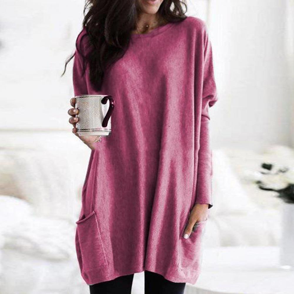 Женские футболки с длинным рукавом и круглым вырезом Женские блузки Пуловеры Свободные однотонные Карманные Весна Осень