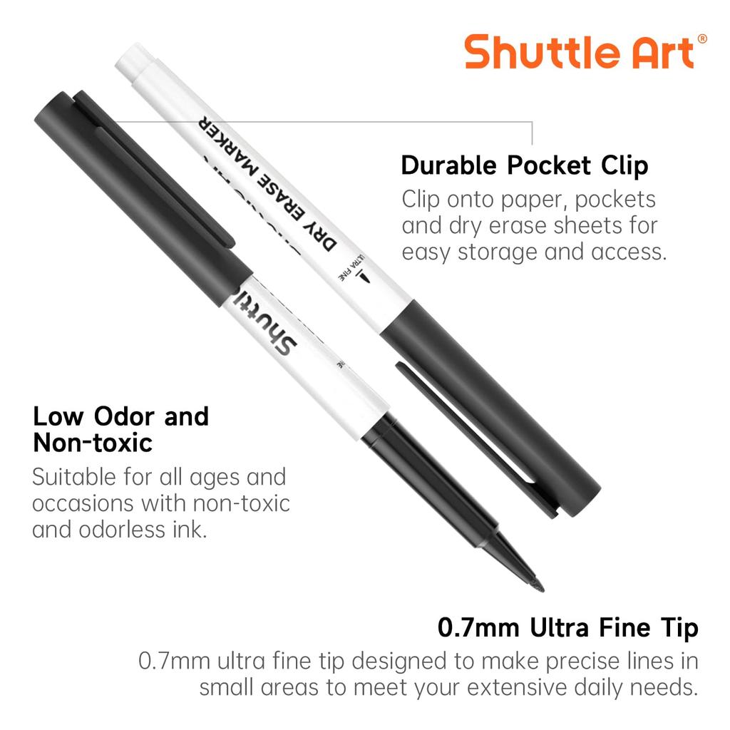 Shuttle Art Whiteboard Black Erasable Marker Extra Fine Large for School Black Markers Markers, 15-Pack, 0.7mm Ink, Pens, Tip, Capacity, Whiteboards,