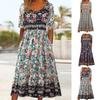 Lady Midi Dress Round Neck Colorful Flower Printing Double Slip Pockets Short Sleeves Dress Up Bohemian Loose Hem Lady Summer Dress Female Clothing