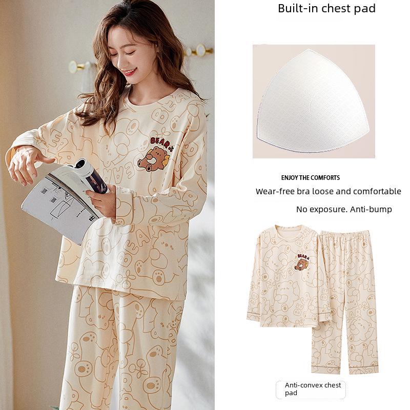 Женская осенняя пижама с длинными рукавами и рисунком из мультфильмов, с нагрудными накладками - тонкий хлопок для ношения в помещении и на улице весной, осенью и зимой