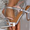 Мода 2025 Летняя Мода Ремешок со Стразами Лодыжка Женские Гладиаторские Сандалии Лаконичный Квадратный носок Шпилька Высокий каблук Серебристые Сандалии Обувь
