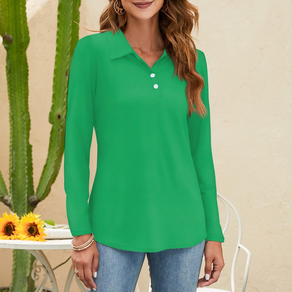 Женская мода однотонная рубашка с воротником на пуговицах и V-образным вырезом, длинным рукавом, свободная рубашка