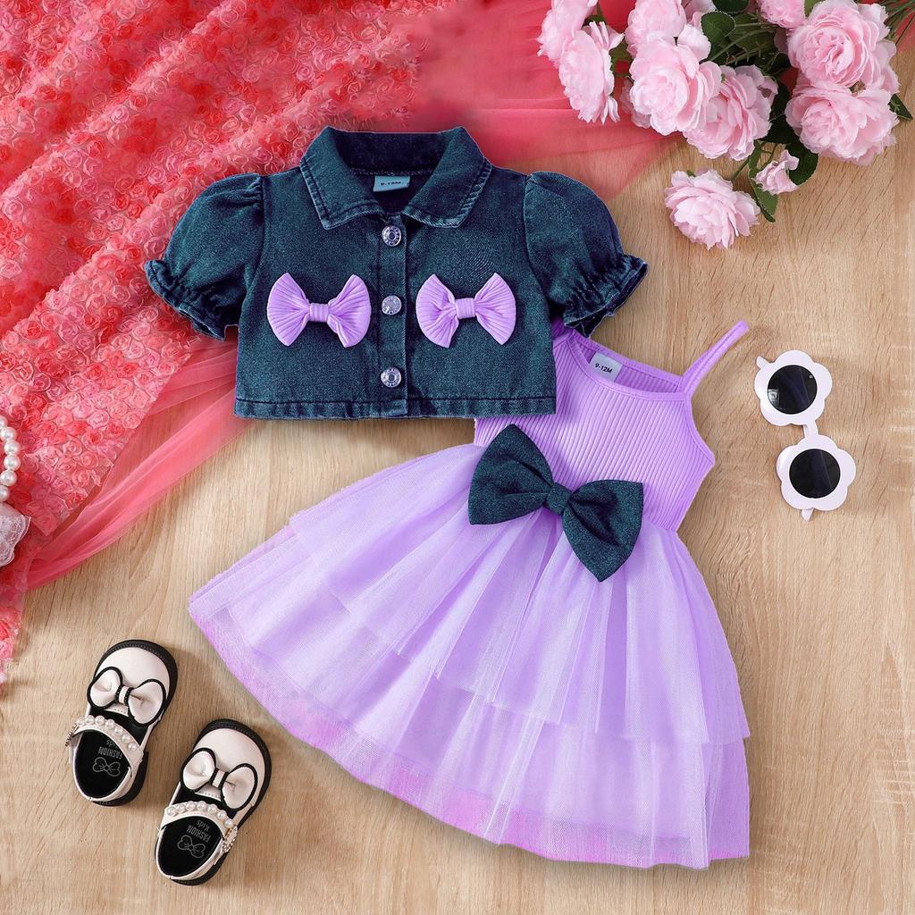 Милый костюм для девочки Летний костюм для девочки 6 месяцев-3 лет Джинсовая короткая куртка + сетчатая юбка-пачка на шее