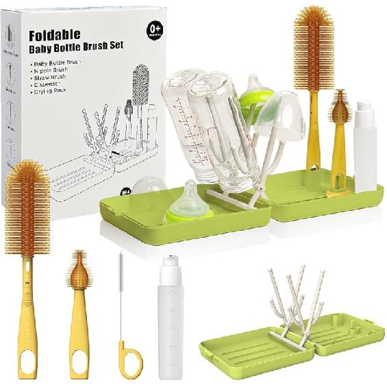 YOTIME Travel Bottle Brush, Travel Bottle Cleaner Kit with Foldable Bottle Drying Rack, for Visit Friends and Relations, Baby Travel Essentials, BPA