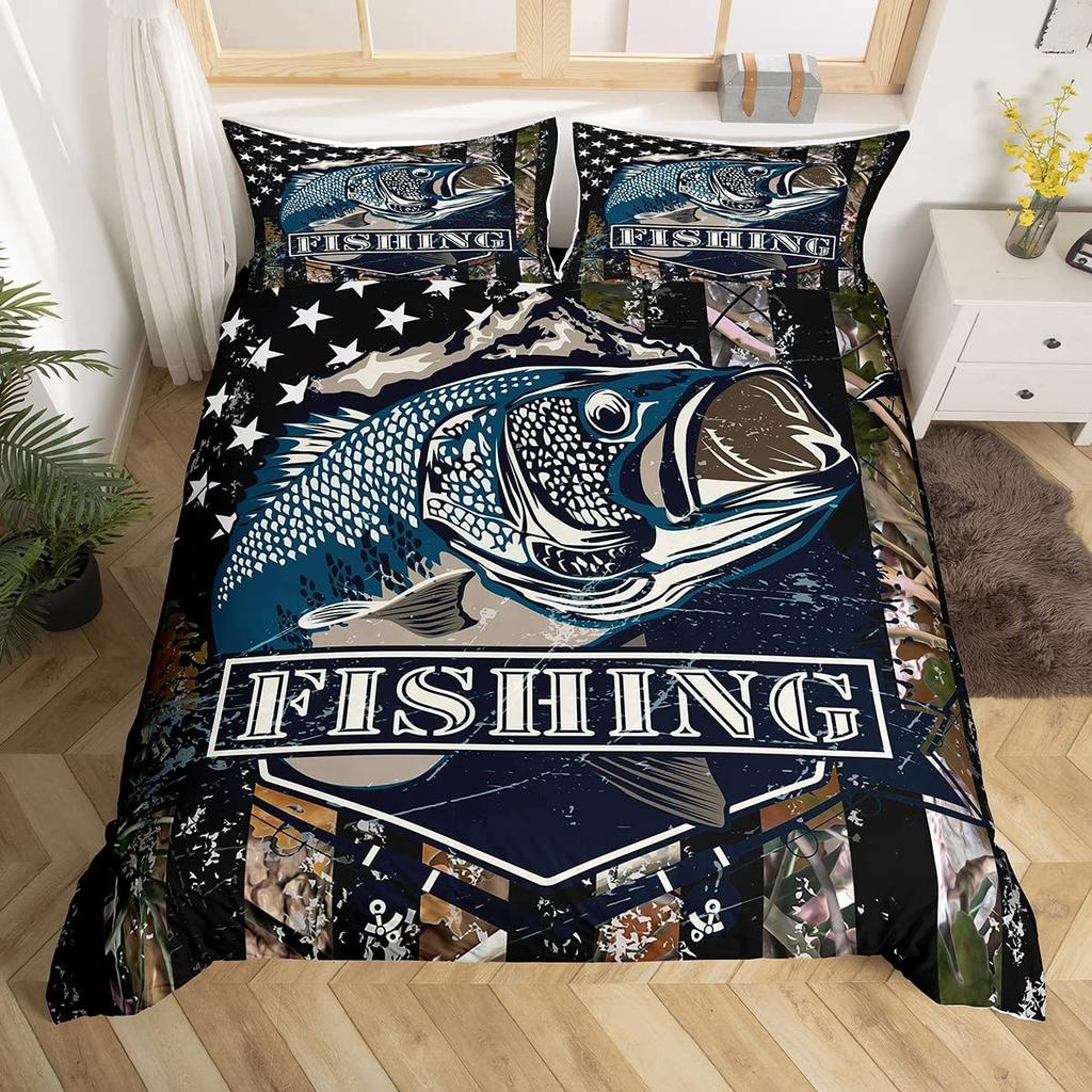 Marlin Swordfish Duvet Cover Set Hunting Fishing Bedding Set Tie Dye Sea Fishing Boat Marine Life Nautical Comforter Cover Queen