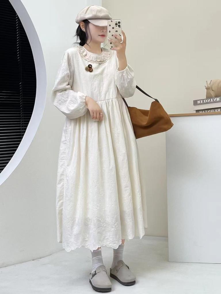 Johnature Forest Jacquard Dress Autumn Winter Japanese Loose Versatile Dresses