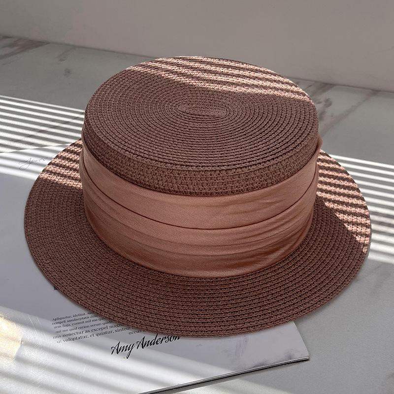 French pleated flat top straw hat women's spring summer seaside vacation straw hat sunshade sunscreen fashion travel flat top hat