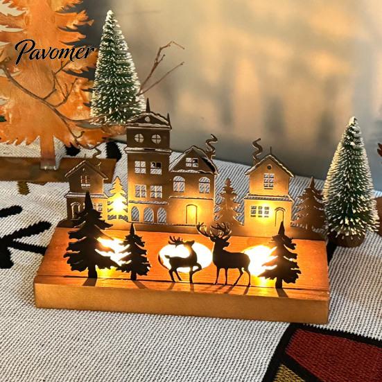 Elk Sleigh Candle Display Christmas Town Silhouette Holder, Wooden Tea Light Stand for Decorative Fireplace Accents Tabletop Decoration, Metal Festive
