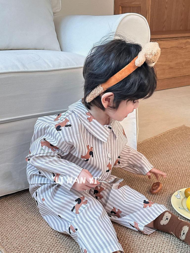 Весна 2025 Милый мультяшный пижамный комплект для детей – Отложной воротник, Детский дизайн, Брюки в комплекте