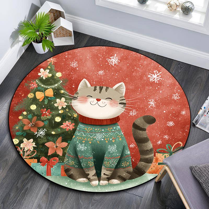 Christmas cat pattern round rug,Carpet Rug for Living Room Bedroom Playroom ,Non-slip Floor Mat,Holiday Gifts and Birthday Gifts.