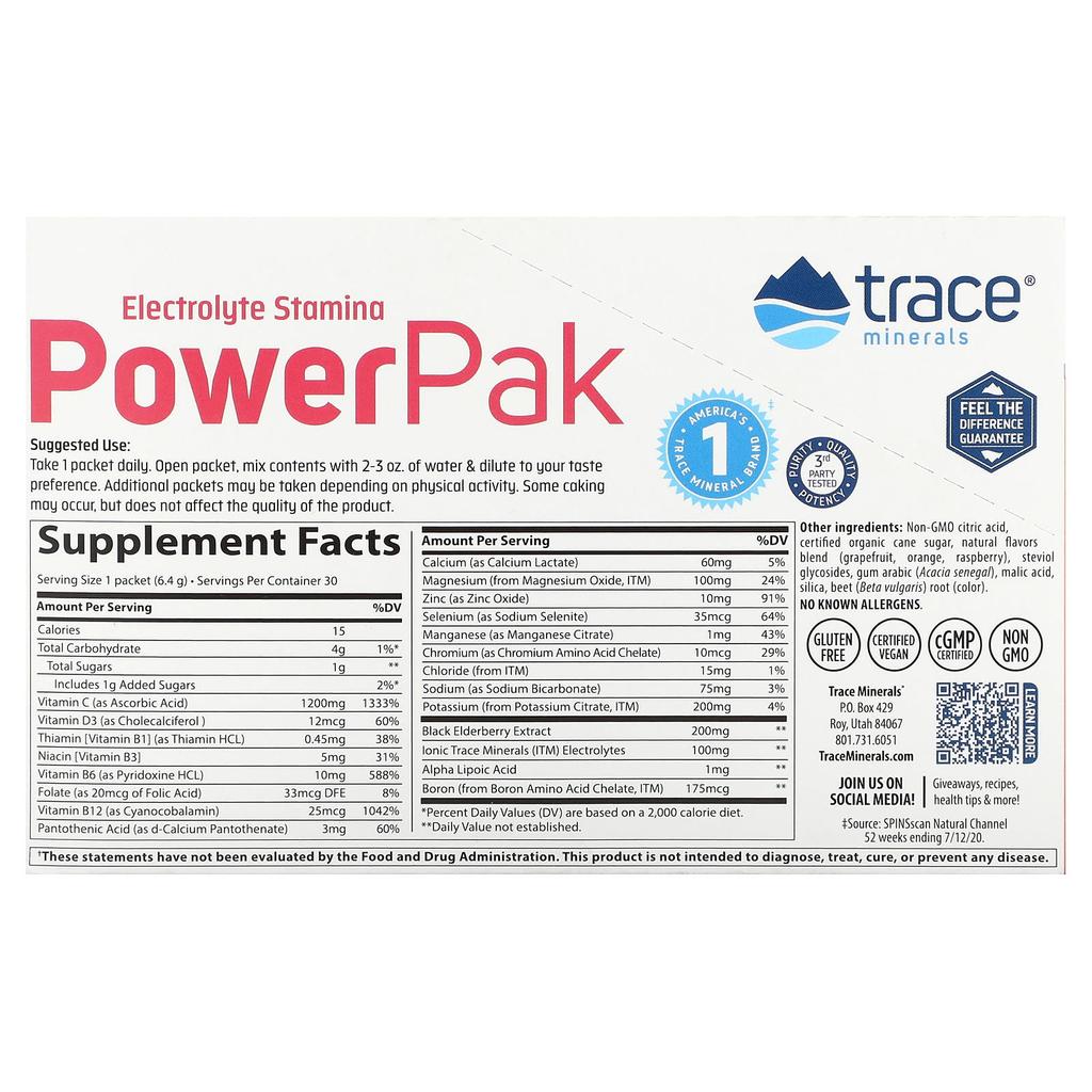 Trace, Electrolyte Endurance Boost, PowerPak + Immunity, Grapefruit Flavor, 30 Packets, 0.23 oz (6.4 g) Each