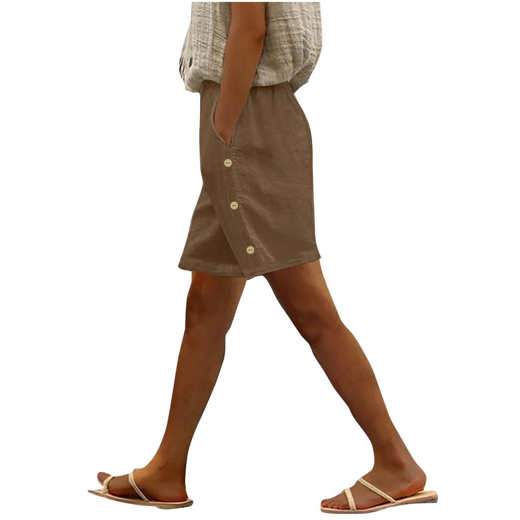 Женские модные повседневные свободные однотонные шорты из хлопка и льна с боковыми карманами на пуговицах и средней талией