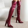 Модные сексуальные серебристо-красные высокие сапоги женские лакированные кожаные золотые белые каблуки выше колена высокие сапоги для женщин фетиш длинные туфли