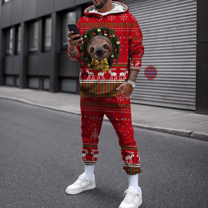 Зимний рождественский комплект с капюшоном для мужчин и женщин, уличная одежда, повседневный пуловер, свободный спортивный костюм для бега, толстовки с 3D принтом + длинные брюки