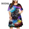 Платье с рисунком звездного неба и кота для женщин, повседневное свободное платье с 3D принтом и короткими рукавами, модное платье в стиле хип-хоп Kawaii