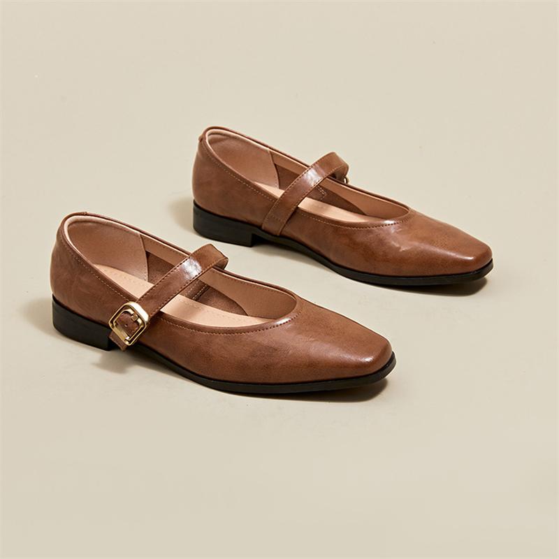 Mary Jane Shoes Female Genuine Leather 2025 New Ballet Shoes Women Square Toe Flat Cowhide Ladies Single Shoes