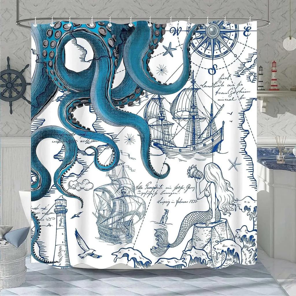 Funny Octopus Shower Curtains Marine Animal Mermaid Sailboat Vintage Nautical Map Bath Curtain Fabric Bathroom Decor with Hooks