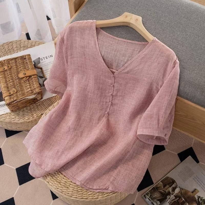 Футболка с коротким рукавом, свободная, с V-образным вырезом, тонкая, однотонная, универсальная, повседневная, тонкий топ, лето, новая, из хлопка и льна, футболка-пуловер женская